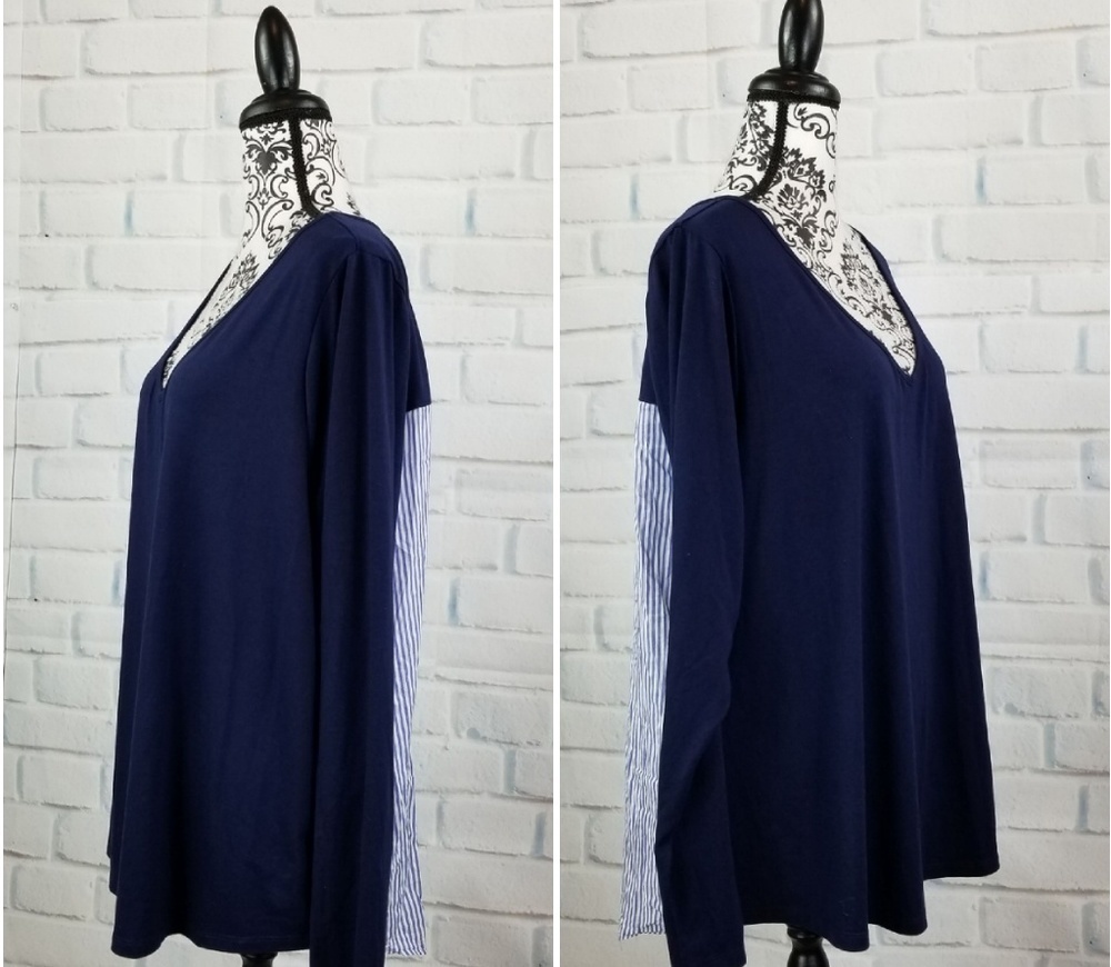 Lane Bryant Navy V-Neck Top with Blue-White Striped Sleeve Panels
